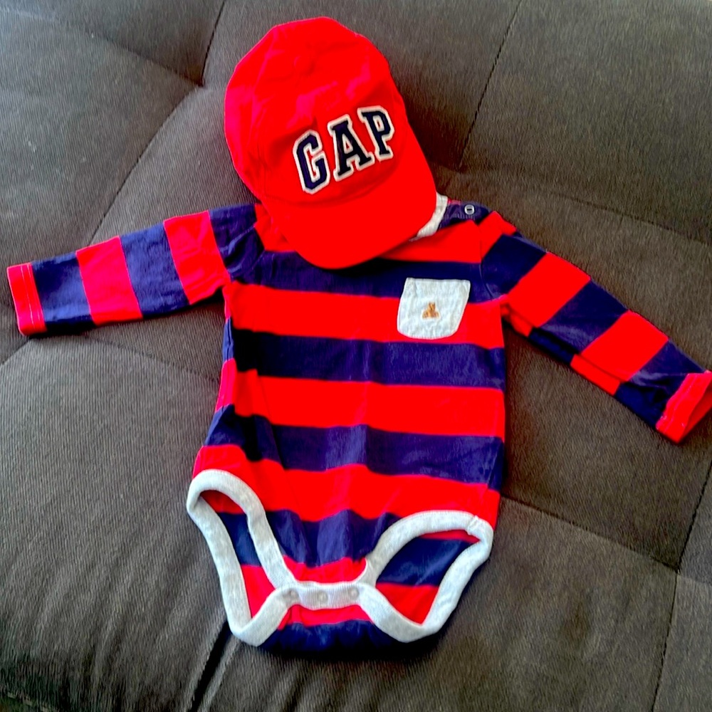 6-12 month striped romper with matching hat